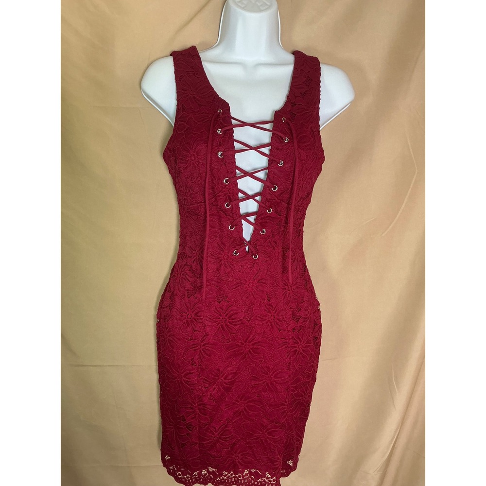 Burgundy Floral LaceBodycon Dress Womens Small Red Excellent Lace Up Mini V Neck - Picture 2 of 11